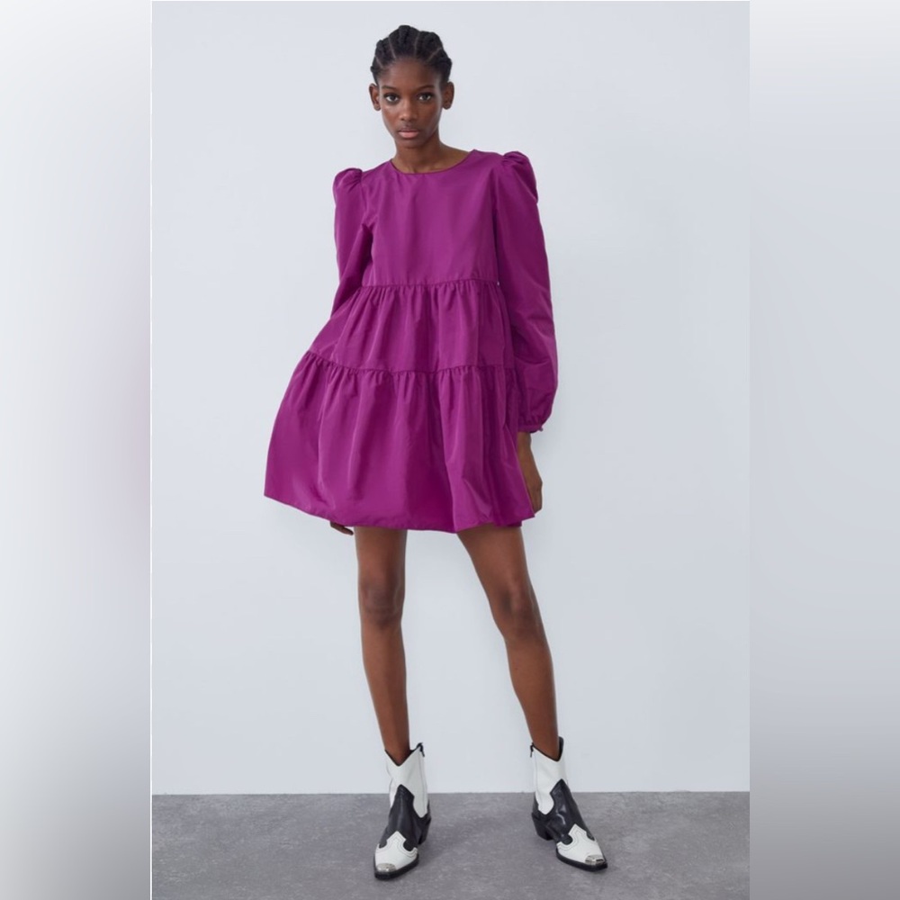 Zara Magenta Puff-Sleeve Tiered Mini Dress